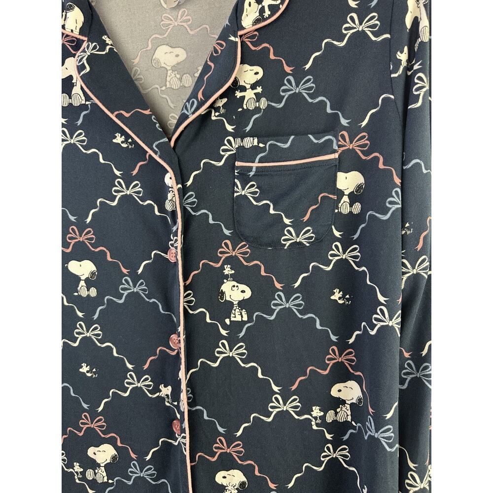 munki munki x Peanuts Sleep Shirt Dress Snoopy Print Navy Blue Button Medium - Picture 4 of 10